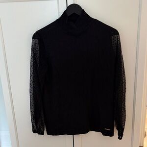 Anne Klein Black Sheer Dot Sleeve Mock Neck Blouse
